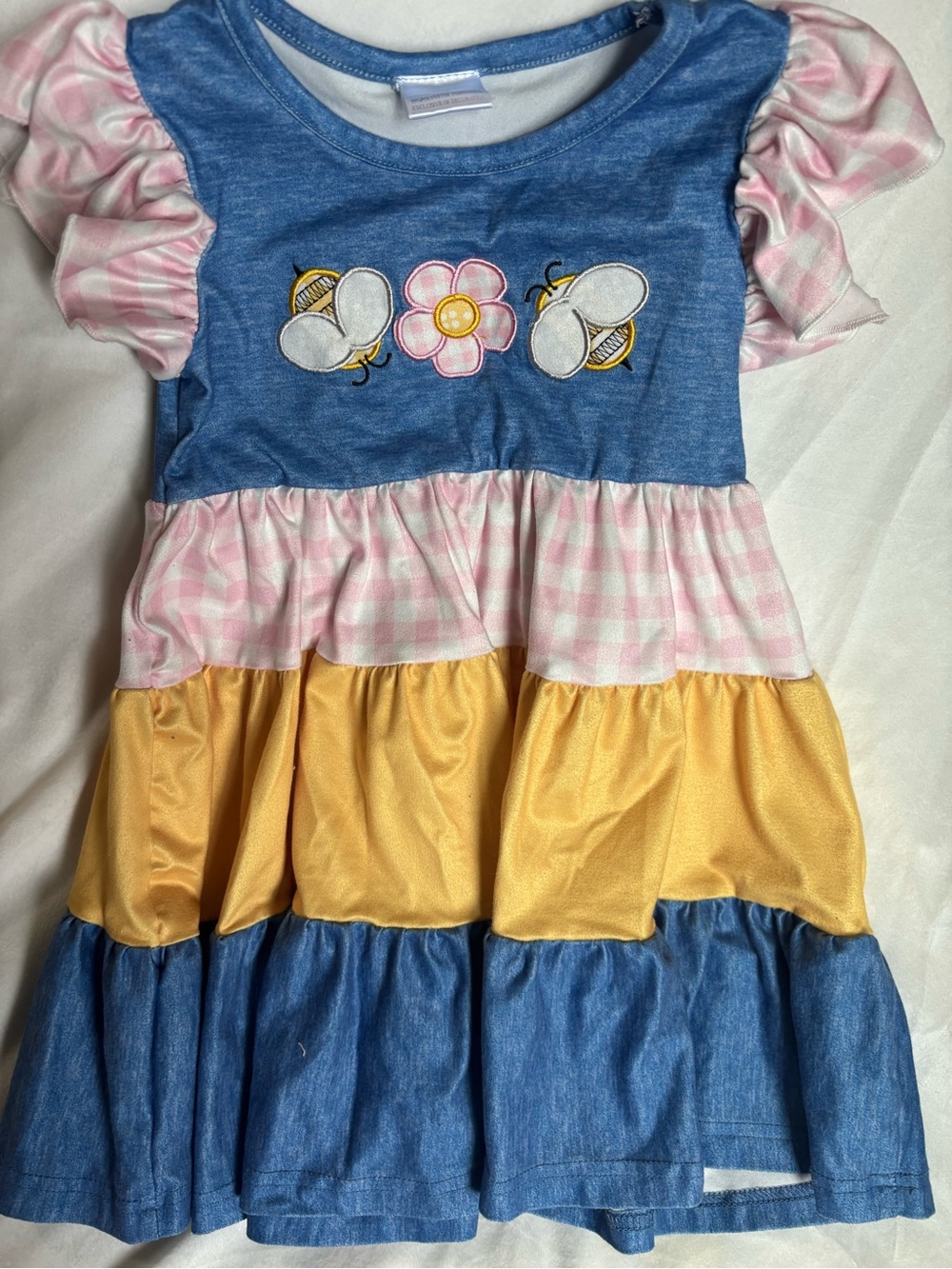 Girls Bee & Flower Tiered Dress in Blue, Pink & Yellow 3T